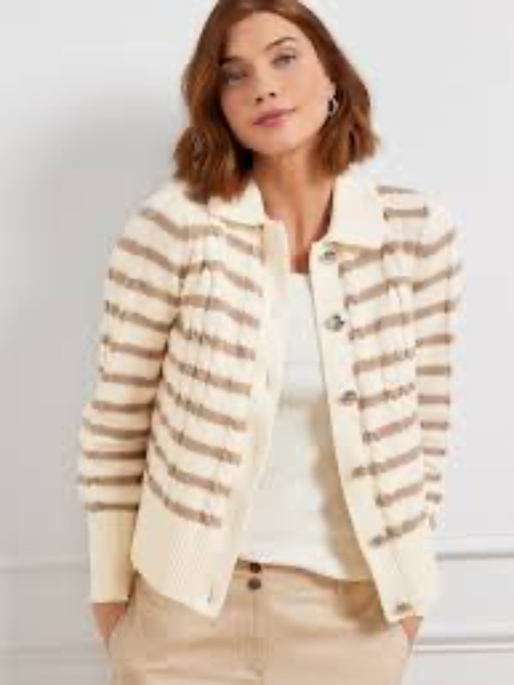 NWT Talbots Cable Knit Collared Cardigan - Tan Stripe 3X